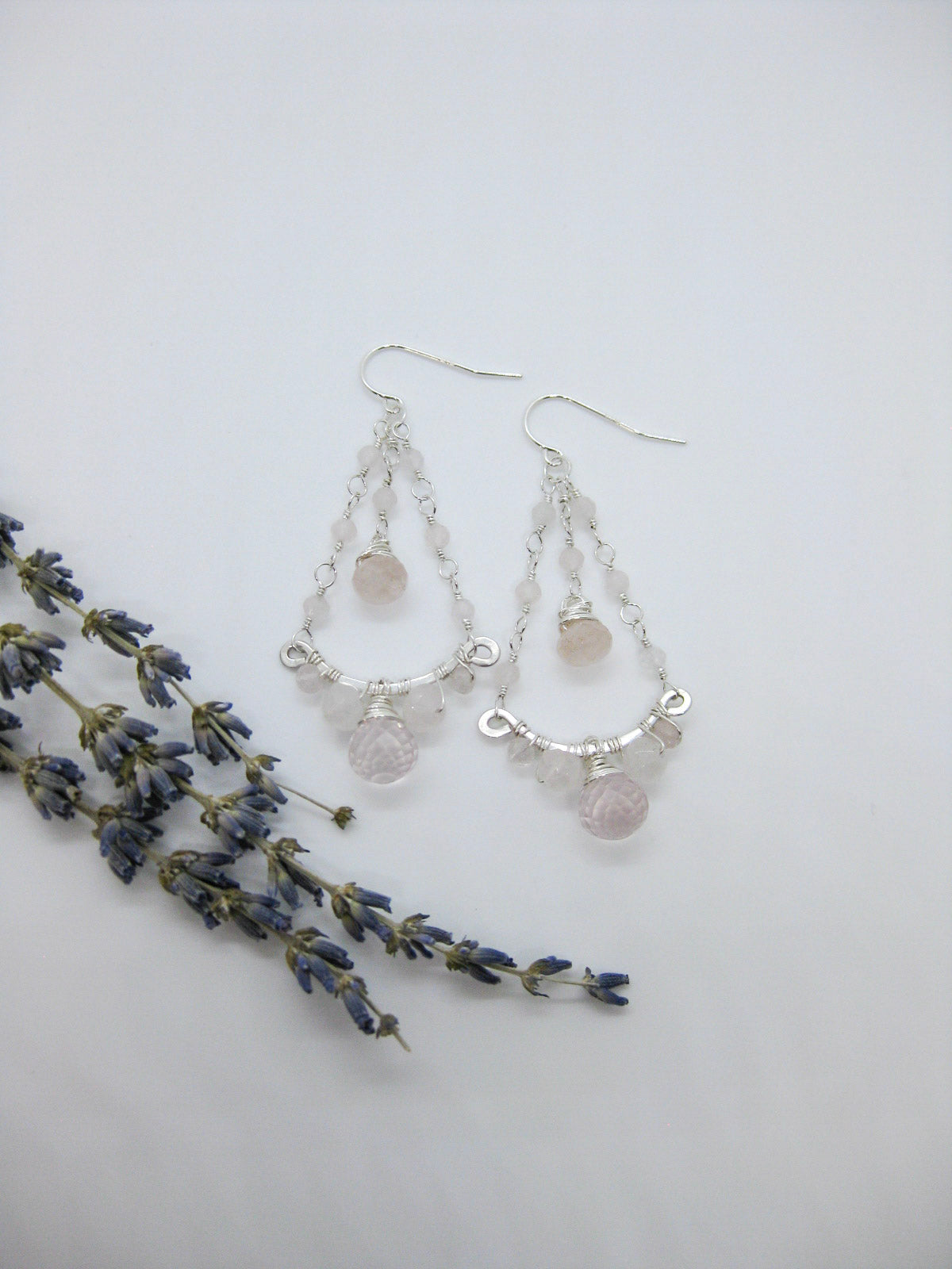 Lavender: Rose Quartz Chandelier Earrings - e615