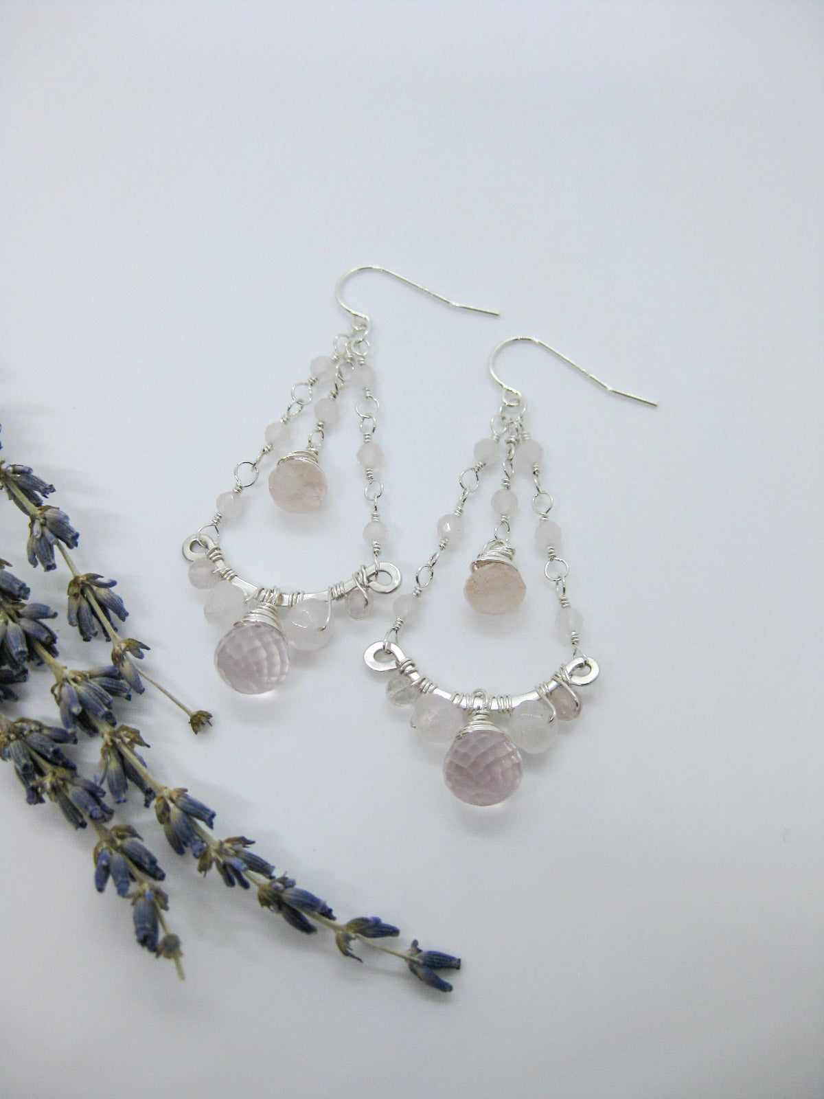 Lavender: Rose Quartz Chandelier Earrings - e615